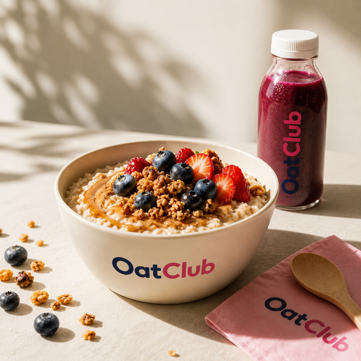 OatClub bowl med havregrøt, bær, granola og honning, ved siden av en bærsmoothie